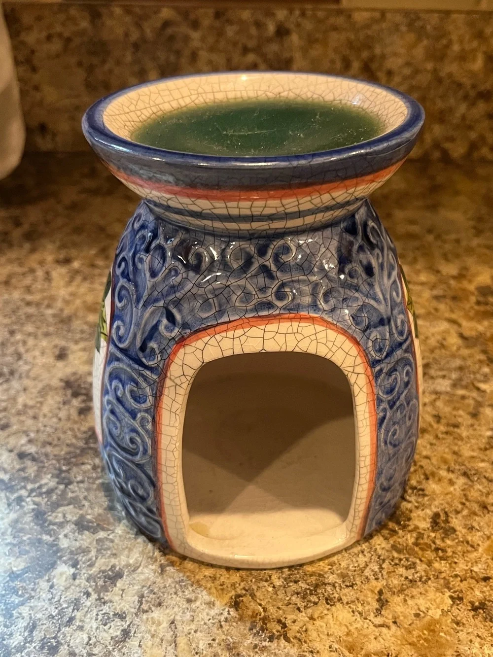 Blue Ceramic Tart Warmer with Holiday Greenery Motif